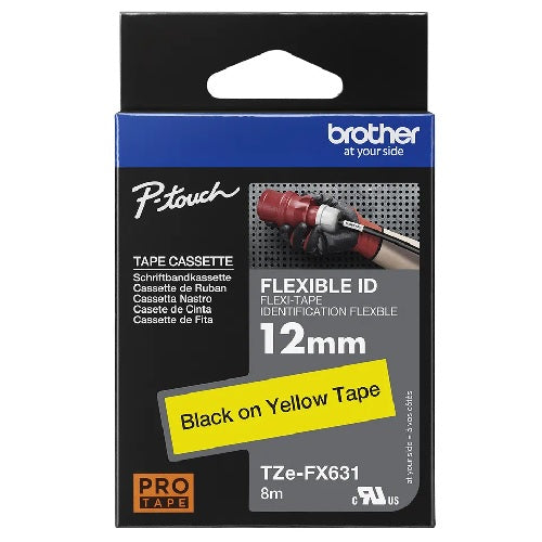 Cinta Flexible Brother TZEFX631 | Negro Sobre Amarillo, 12mm x 8m