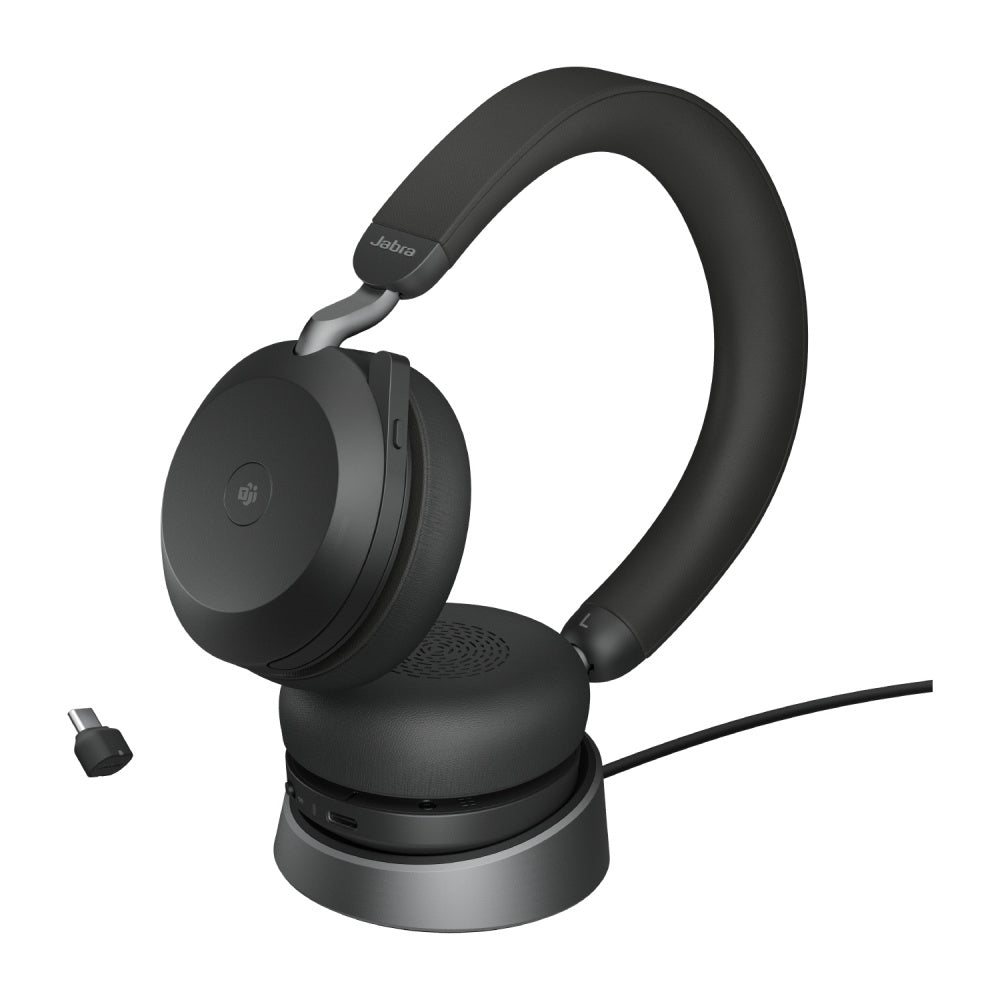 Jabra Evolve2 75 Link380c Ms Stereo Stand Black.  Auriculares Inalámbricos, Certificados con Microsoft Teams. USB-C Bluetooth. Incluye Soporte de Carga.
