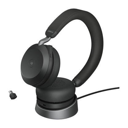 Jabra Evolve2 75 Link380c Ms Stereo Stand Black.  Auriculares Inalámbricos, Certificados con Microsoft Teams. USB-C Bluetooth. Incluye Soporte de Carga.