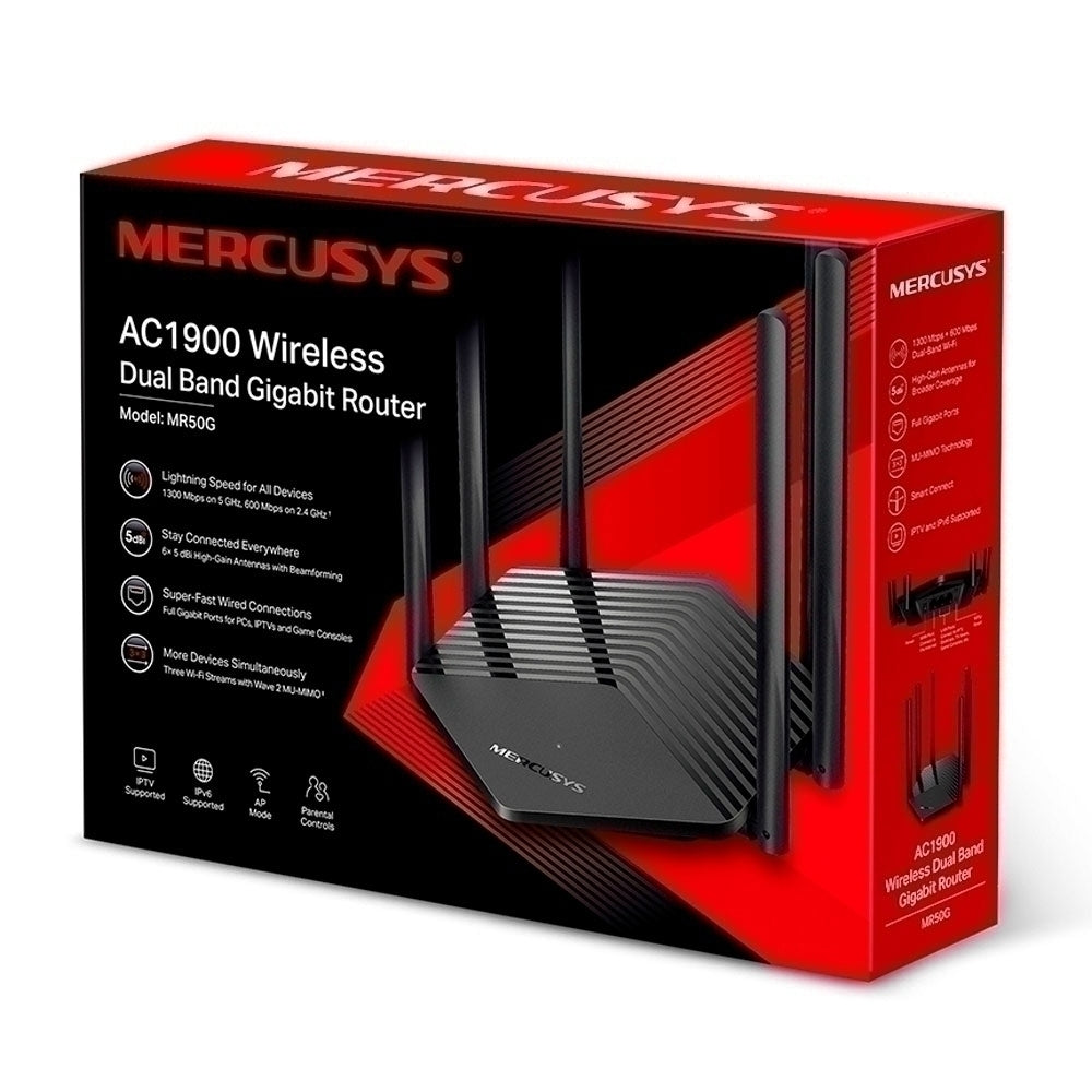 Mercusys Mr50g WI-FI 5 IEEE 802.11a/b/g/n/ac Ethernet Router Inalámbrico - Banda Dual - 2.40GHZ Banda Ism - 5GHZ Banda Unii - 6 X Antena(6 X Externo) - 237.50mb/s Velocidad Inalámbrica - 2 X Puerto