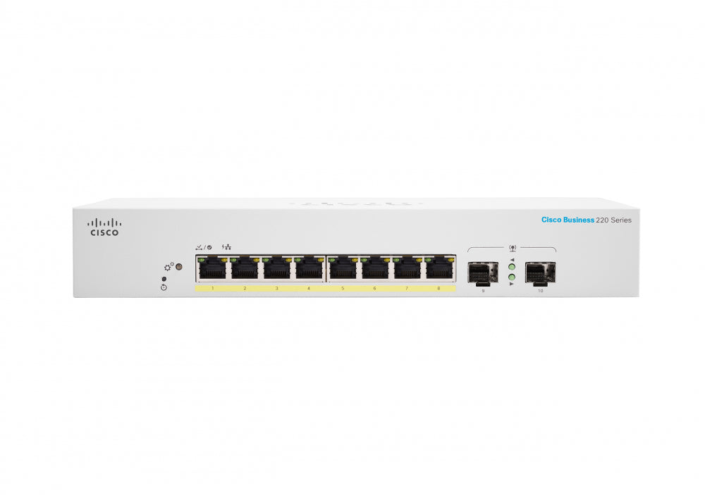 Cisco Switch Cbs220 Administrable Smart Capa 2, 8 Puertos Gigabit Ethernet, Poe+ con 130w Totales, 2 Puertos Sfp (2x1g), el Smartnet Se Adquiere Por Separado