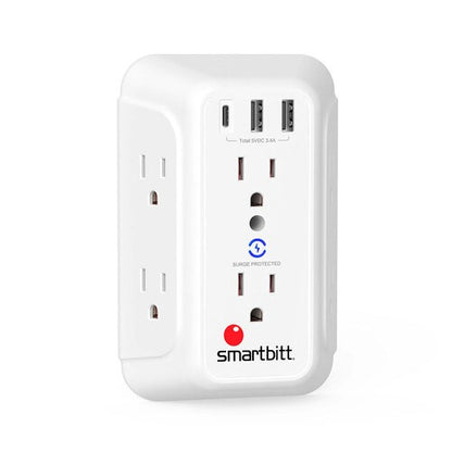 Supresor Smartbitt SBSS-BW6-3U | 6 Salidas NEMA 5-15R, 2 USB Tipo A, 1.88kVA