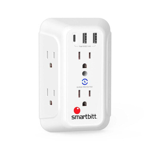 Supresor Smartbitt SBSS-BW6-3U | 6 Salidas NEMA 5-15R, 2 USB Tipo A, 1.88kVA
