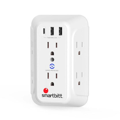 Supresor Smartbitt SBSS-BW6-3U | 6 Salidas NEMA 5-15R, 2 USB Tipo A, 1.88kVA