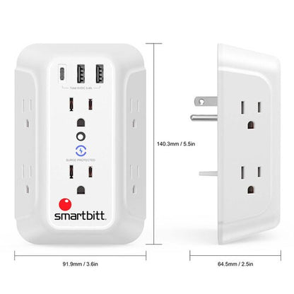 Supresor Smartbitt SBSS-BW6-3U | 6 Salidas NEMA 5-15R, 2 USB Tipo A, 1.88kVA