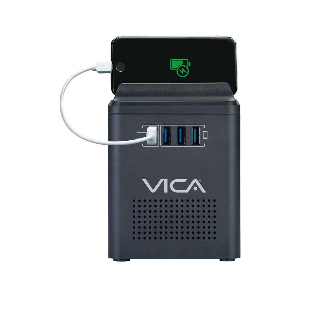 Vica Connect 800 Regulador Electrónico de Voltaje y Centro de Carga, Capacidad de 800va / 400w, 4 Tomas Nema 5-15r, 4 Puertos USB de Carga Rápida, Nema 5-15p, Indicadores Led, Certicado Nom,