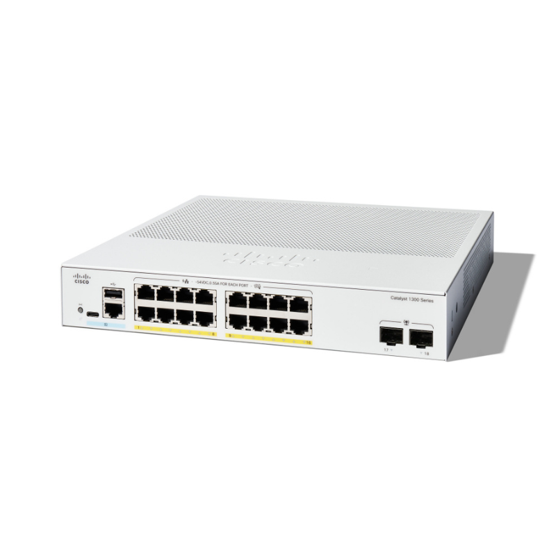 Cisco Switch Catalyst 1300, 16 Puertos Gigabit Ethernet, Poe+ con 120w Totales, 2 Puertos Sfp (2x1g), Incluye Cable Cab-16awg-ac, el Smartnet Se Adquieren Por Separado.