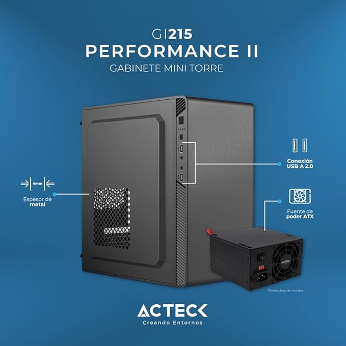 Gabinete Acteck Mini Torre Performance II AC-935777 | Max MB M-ATX, Fuente ATX 500W, 2x USB 2.0
