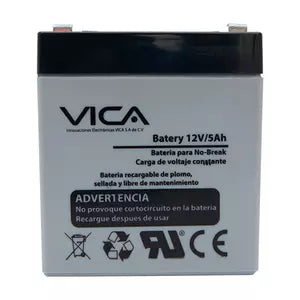 Vica Bateria 12v / 5ah, Batería de Reemplazo para Todo Tipo de No-break. Voltaje Nominal 12v, Capacidad Nominal 5ah, Dimensiones Mm (largo X Ancho X Alto) 70 X 101 X 90. Peso 1.5 Kg. 1 Año de