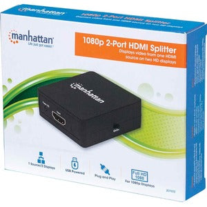 Manhattan Video Splitter HDMI 1080p, 1 In:2 Out, Alimentado Por USB - 1920 X 1200 - 225MHZ Ancho de Banda de Vídeo Máximo - 15m Distancia Máxima de Funcionamiento - 1 X Entrada HDMI - 2 X Salida HDMI