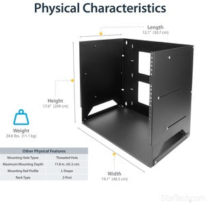 Startech.com Rack de Servidores Abierto de 8u de Pared - 2 Postes - Estante Integrado - Profundidad Ajustable - para Equipo de Av - Acero - 34.02kg Capacidad Máxima de Peso
