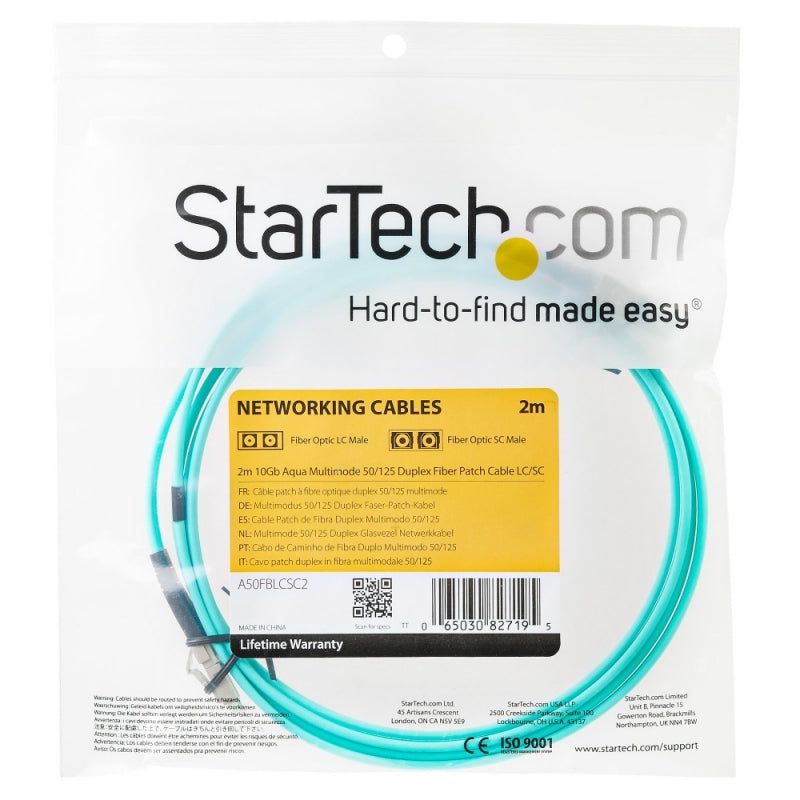 Startech.com Cable de 2m de Fibra Óptica Multimodo Om3 Lc a Lc Upc - Full Duplex 50/125 - 100G - Lommf/vcsel - Pérdida Baja <0.3db - Lszh - Cable For Dispositivo de Red, Conmutador, Hub, Router -