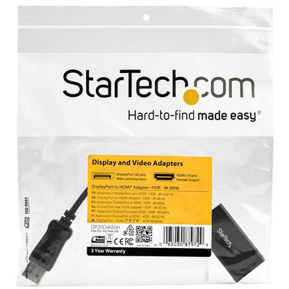 Startech.com Adaptador Displayport a HDMI con Hdr - 4k 60hz - Negro - Convertidor Dp a HDMI - Negro