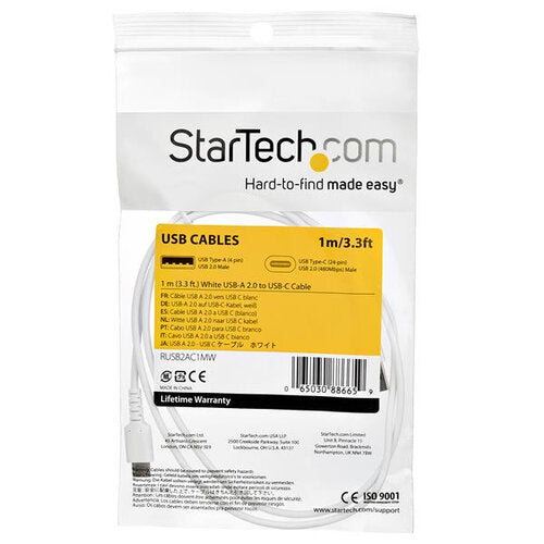 Cable USB StarTech.com RUSB2AC1MW | Carga Rápida 3A, 1m Tipo C Blanco