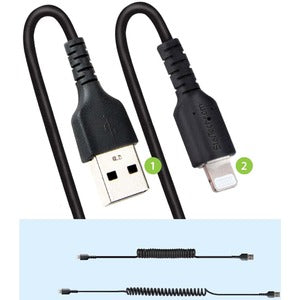Startech.com Cable de 1m USB a Lightning en Espiral con Certificación Mfi Negro - Cable Lightning en Espiral de Carga para Iphone - Cable For Dispositivo Móvil, Iphone, Ipad Air, Ipad, Ipad Mini,