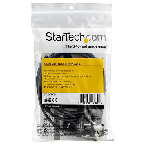 Startech.com Cable de 2m con Candado de Llave para Laptops/computadoras/dispositivos con Ranura K-SLOT - de Acero Revestido en Vinilo - 2.04m Cable - Cierre con Llave - Plata, Negro - Aleación de