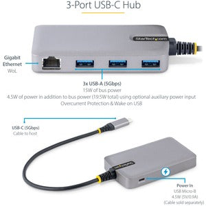 Hub USB-C StarTech.com 5G3AGBB | 3 Puertos USB-A, Ethernet RJ-45, Soporte UASP