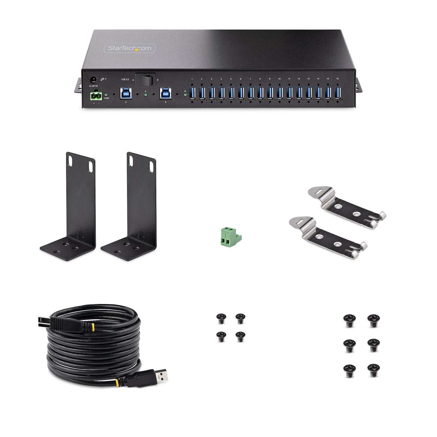 Startech.com Hub USB 3.0 16 Puertos Industrial - Montaje en Rack/superficie/din - Carga Compartida 120w - Esd - Bloque de Terminal - 16 Total USB Port(s)