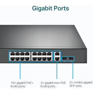 TP-LINK Switch de Montaje en Bastidor Gigabit de 18 Puertos con 16 Puertos Poe +