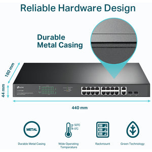 TP-LINK Switch de Montaje en Bastidor Gigabit de 18 Puertos con 16 Puertos Poe +
