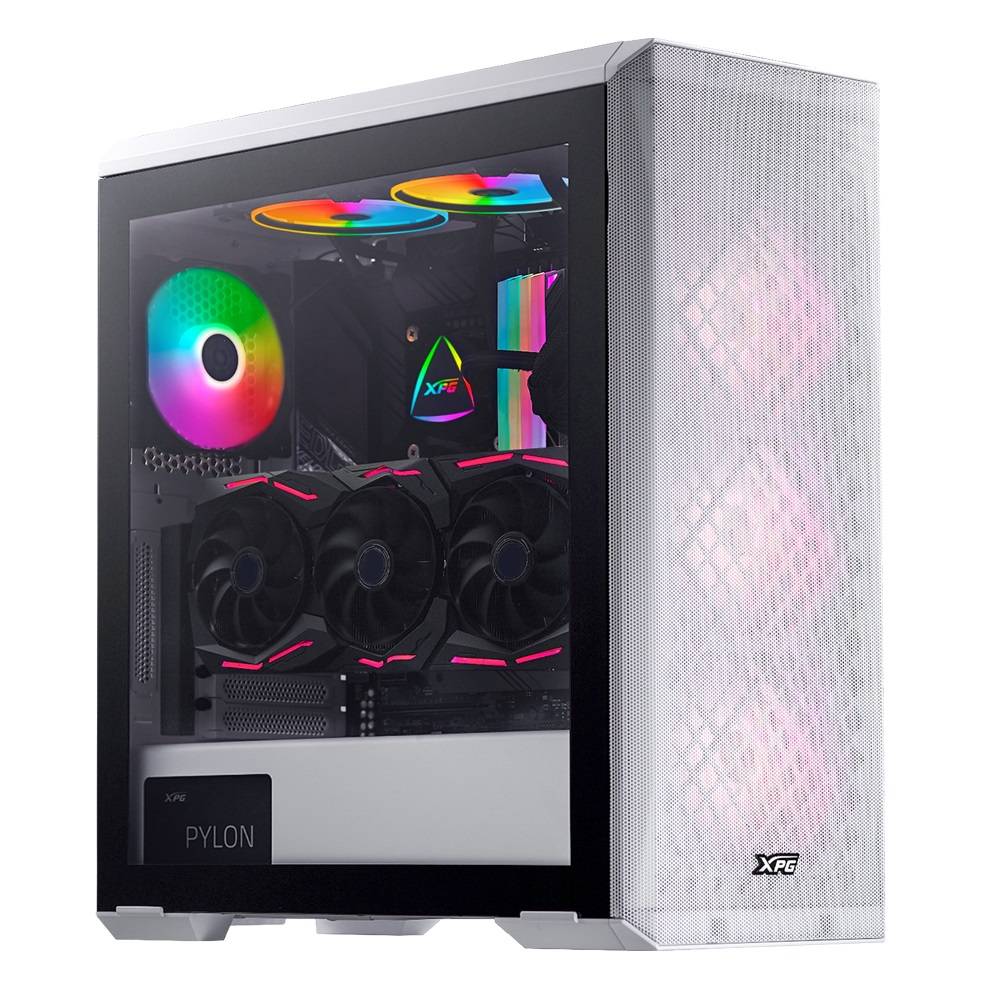 Gabinete GAMER XPG DEFENDER - Media torre. Panel lateral de vidrio templado. Filtro de polvo extraible. Color BLANCO. DEFENDER-WHCWW