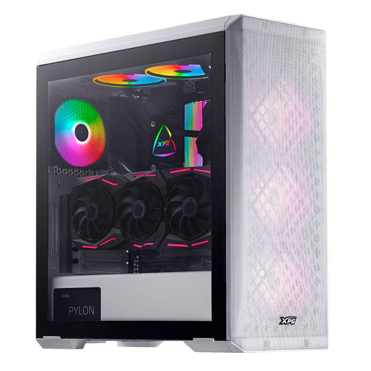 Gabinete GAMER XPG DEFENDER - Media torre. Panel lateral de vidrio templado. Filtro de polvo extraible. Color BLANCO. DEFENDER-WHCWW