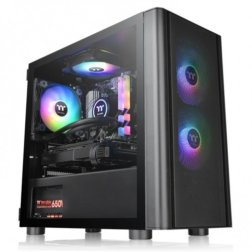 Gabinete Thermaltake V150 TG ARGB - Negro Micro-chassis,   Micro ATX/MINI ITX, USB 2.0, sin fuente, 3 ventiladores instalados ARGB