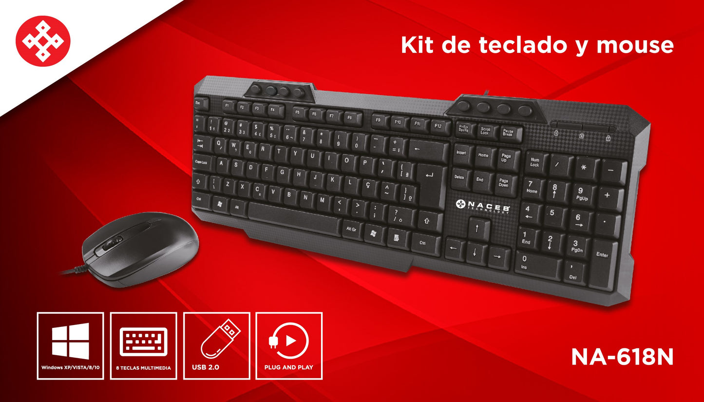 TECLADO-MOUSE Multimedia Naceb USB Antiderrames Res 1000p/p