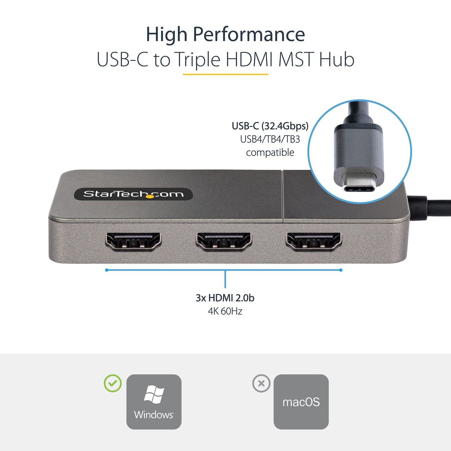 Hub MST USB-C StarTech.com MST14CD123HD | 3 Puertos HDMI, Soporte 4K